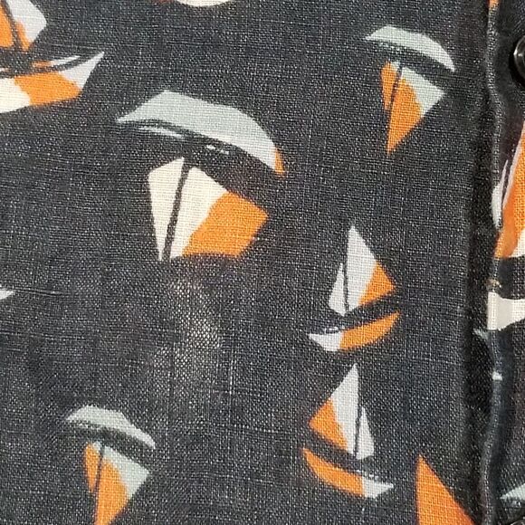 Perry Ellis Mens XLT Tall 100% Linen Shirt Sail Boat Print Navy Blue Camp Beach - Picture 5 of 10